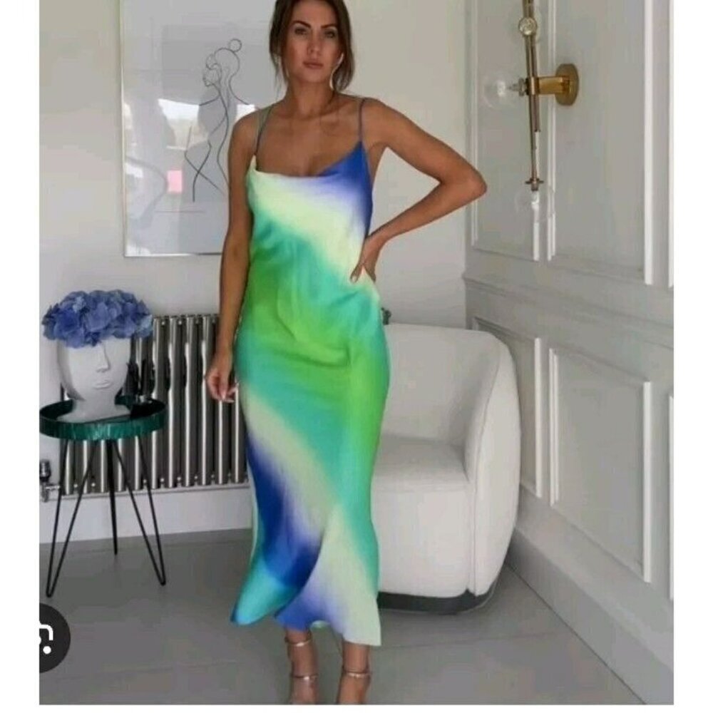 ZARA Dress  SATIN EFFECT TIE DYE DRESS 8342 352 Size L Green Blue